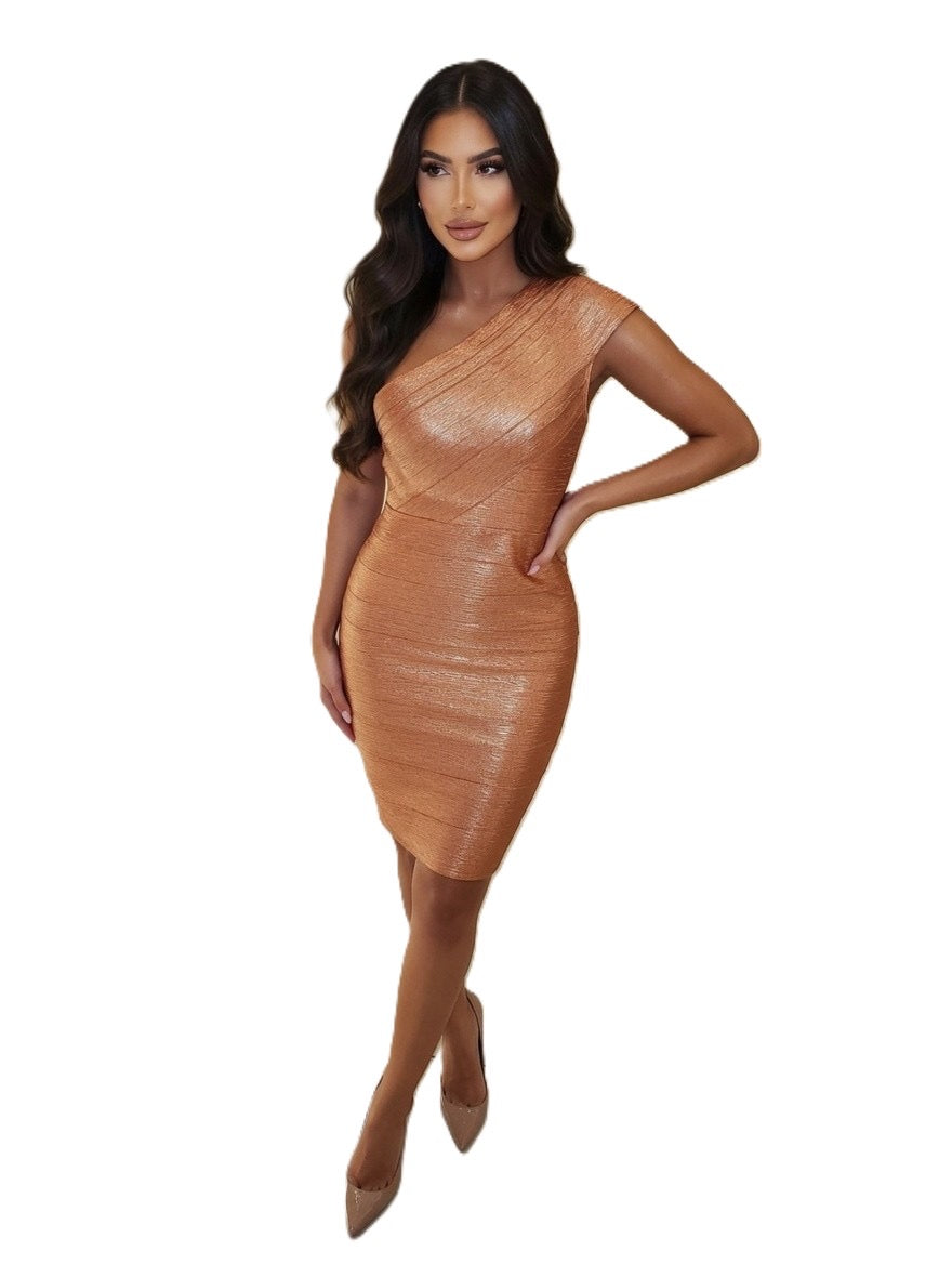 Bronze Metallic One-Shoulder Bandage Dress