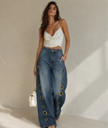 Eyelet Detail Wide-Leg Denim Jeans