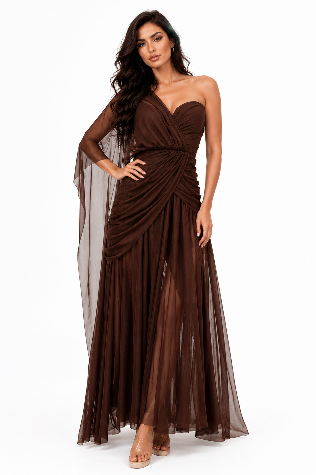 Bellissima One-Shoulder Flowy Mesh Dress with elegant layered mesh silhouette for evening events and special occasions.