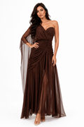 Bellissima One-Shoulder Flowy Mesh Dress with elegant layered mesh silhouette for evening events and special occasions.