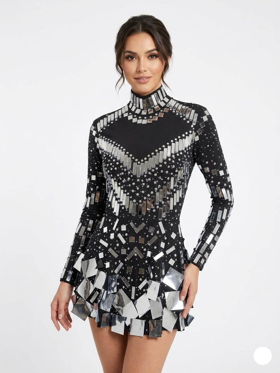Mirror Mosaic Mock-Neck Mini Dress