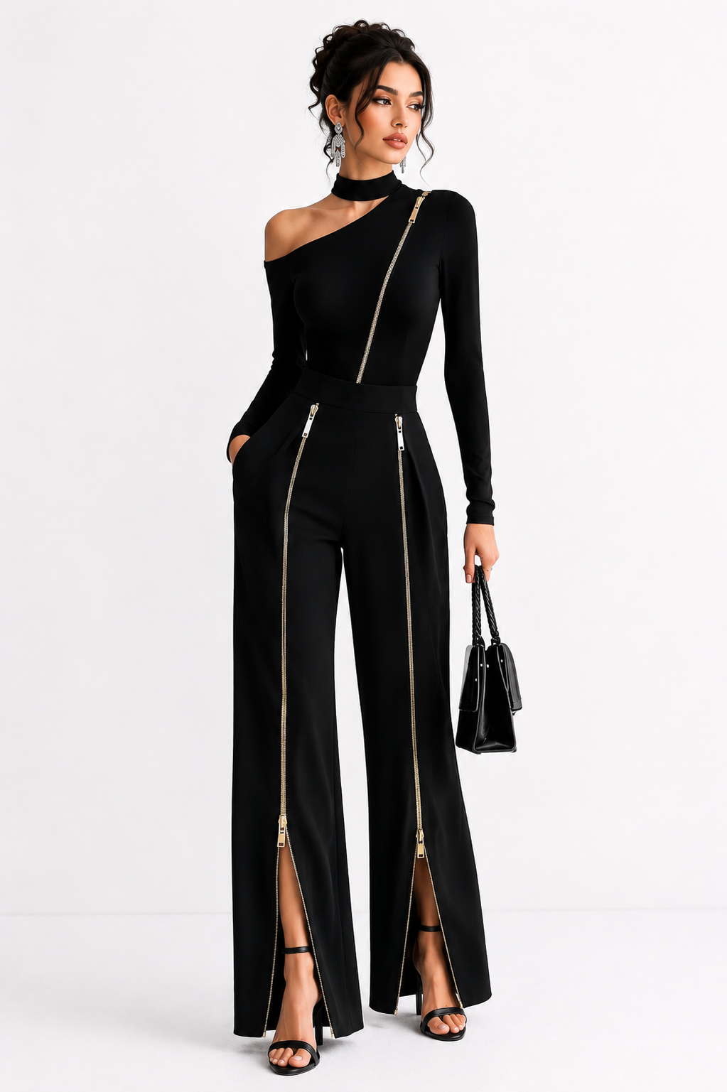 Luxury black asymmetrical zip co-ord set with wide-leg pants for women | Bellissima UAE
