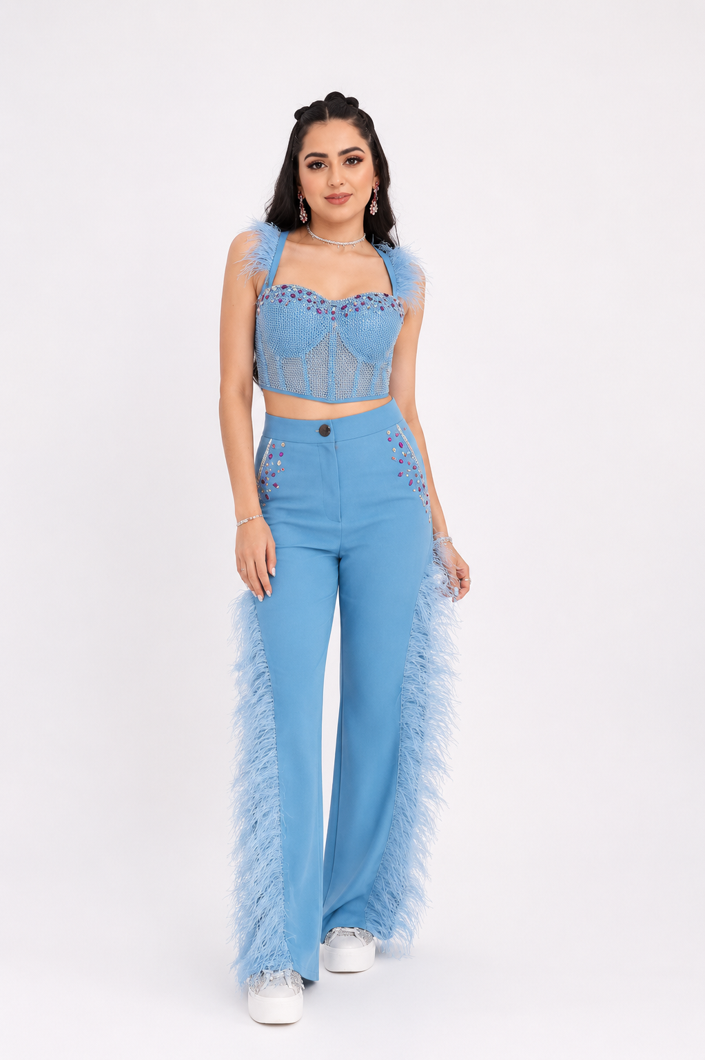 Ice Blue Denim Glam Feather Co-Ord