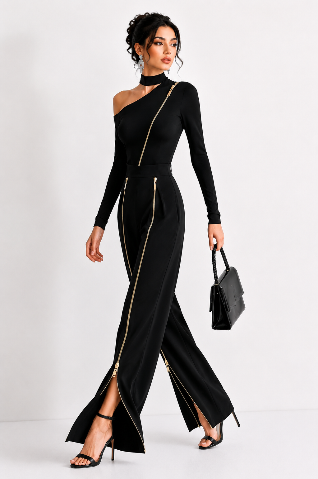 Side pose of elegant black asymmetrical co-ord set with wide-leg pants for women