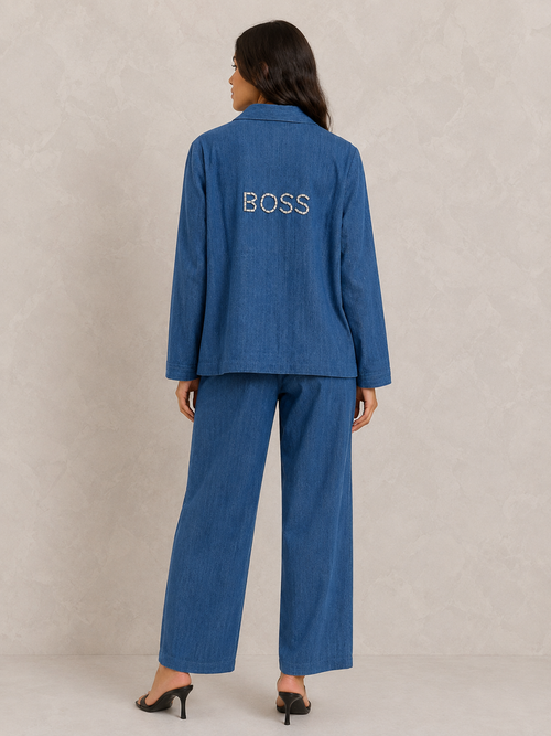 Blue Embellished Zip-Front Co-Ord Set