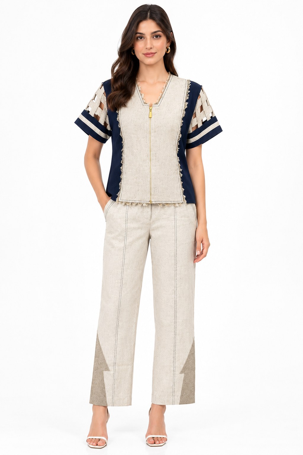 Ivory & Navy Contrast Stitch Co-Ord Set