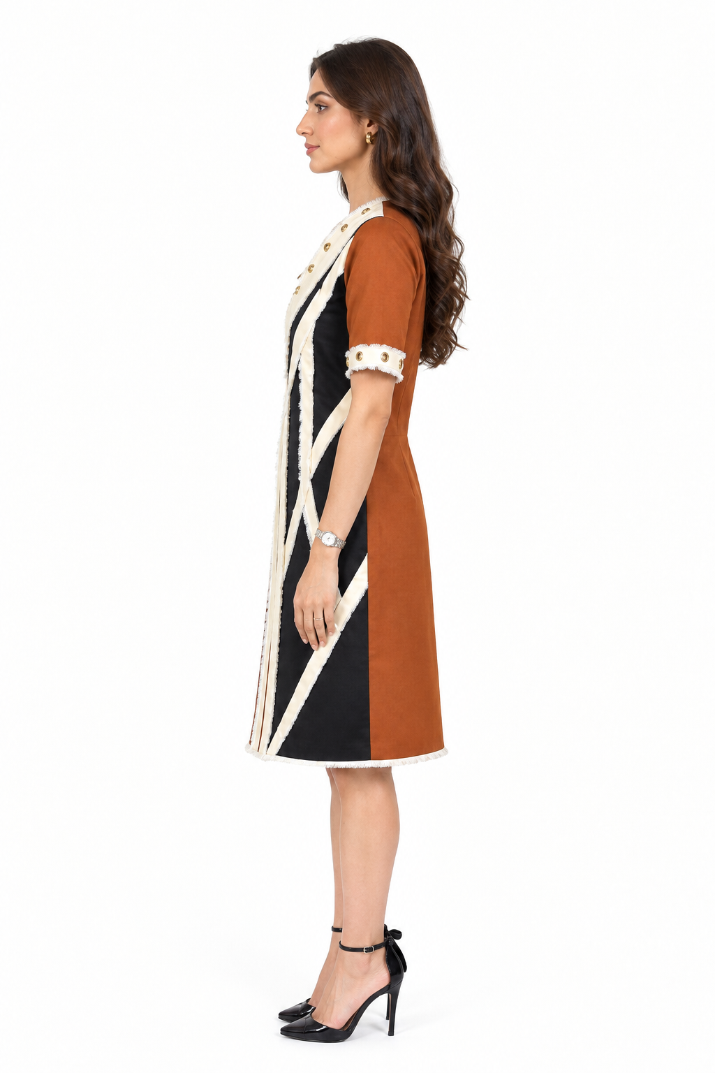 Rust & Black Geometric Contrast Shift Dress