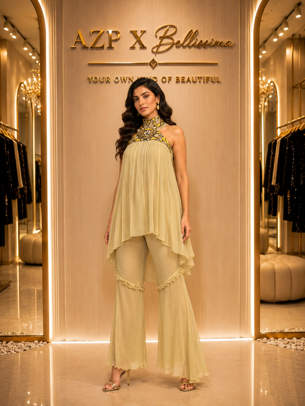     AZP x Bellissima golden luxury coord set front view