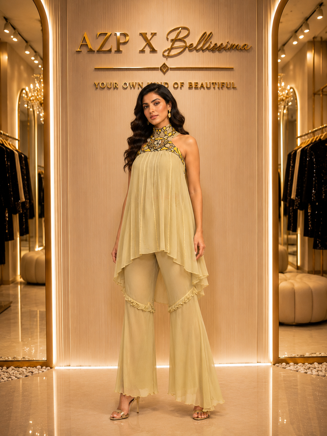     AZP x Bellissima golden luxury coord set front view