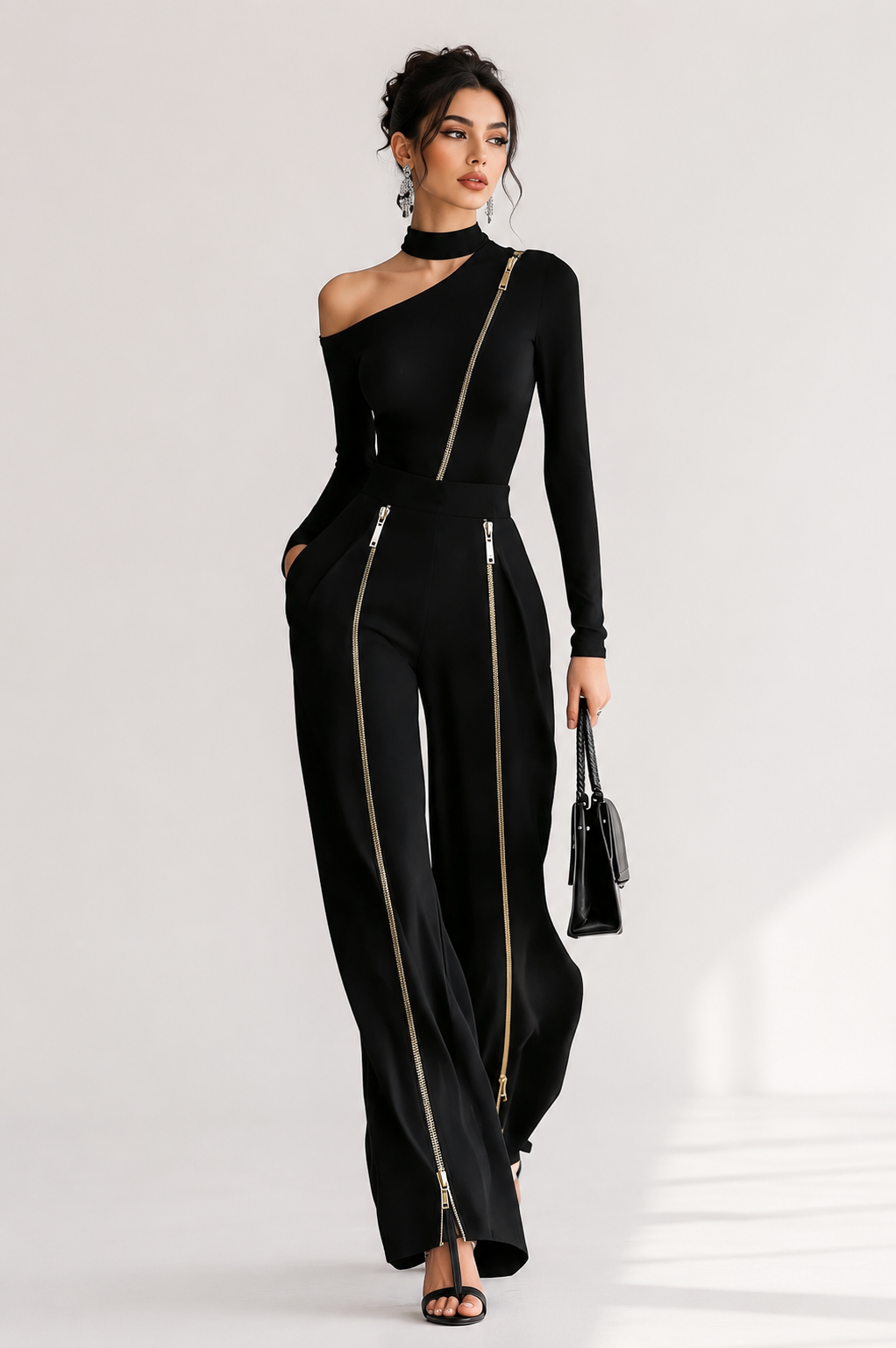 Front view of luxury black zip co-ord set for women with asymmetrical neckline
