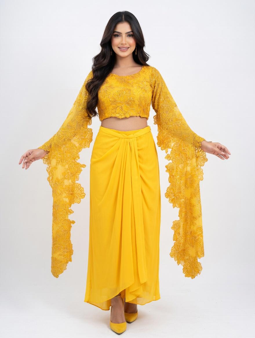 Zinnia Lace Cape-Sleeve Crop & Skirt Set