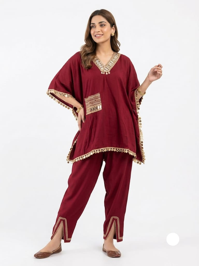 Wine Red Festive Kaftan Co-Ord Set