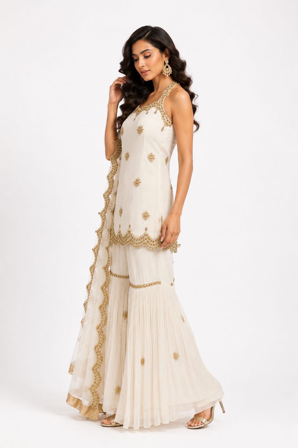 Luxury ivory gharara set side view for women by Bellissima Dubai