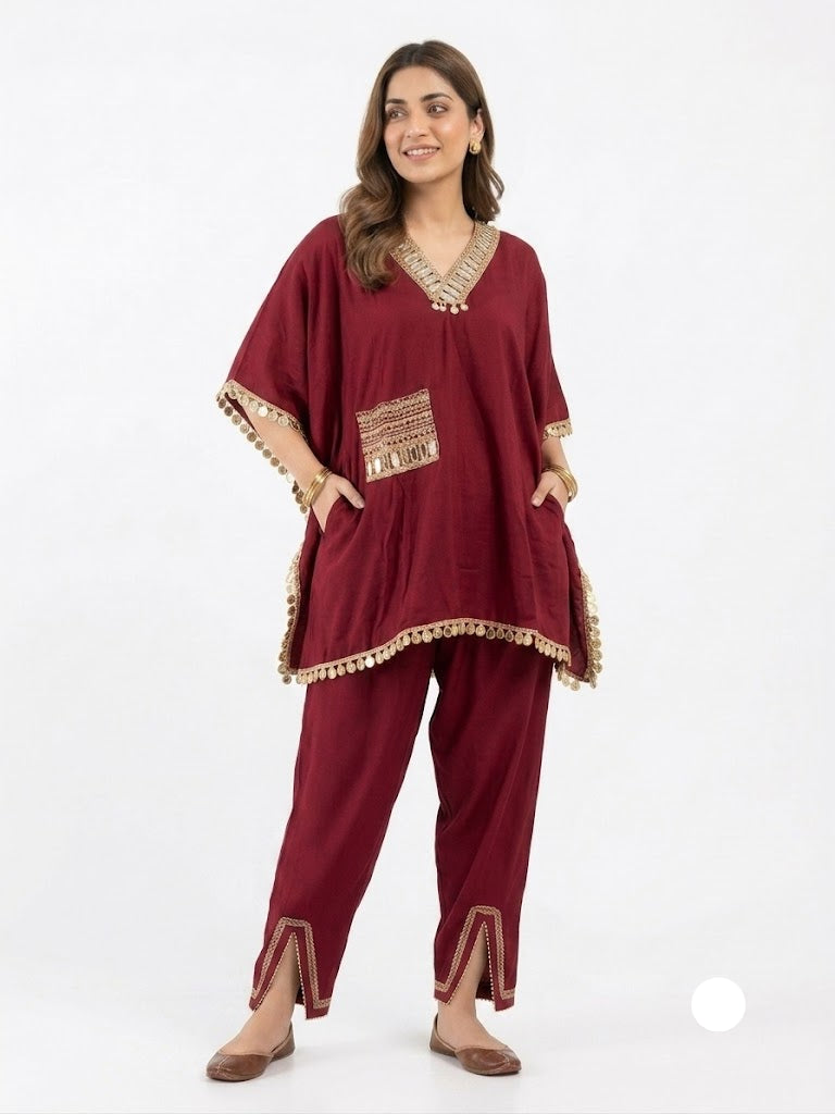 Wine Red Festive Kaftan Co-Ord Set