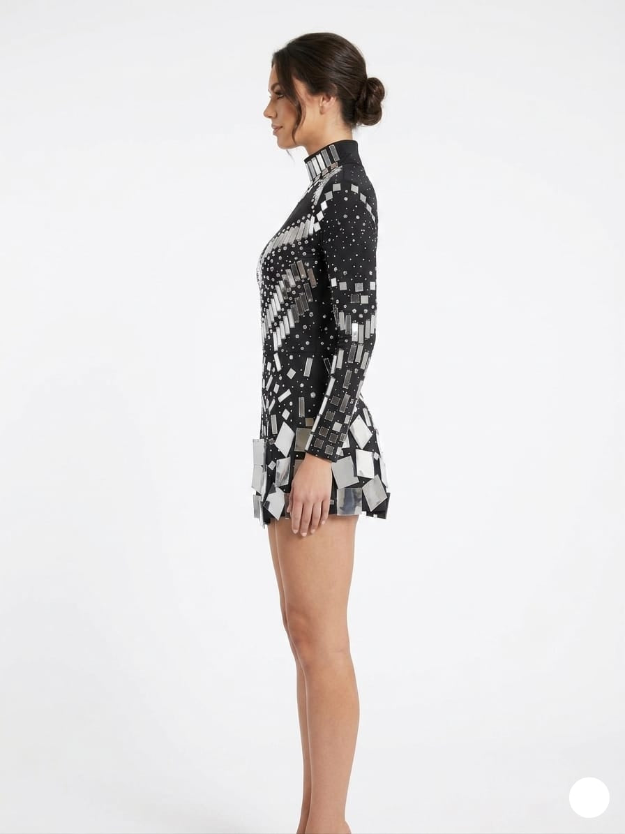 Mirror Mosaic Mock-Neck Mini Dress