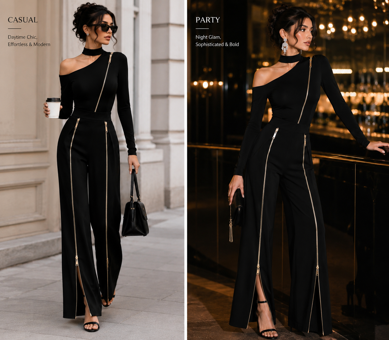 Casual styling of black luxury co-ord set for chic everyday fashion . Party look styling of elegant black asymmetrical co-ord set for women
