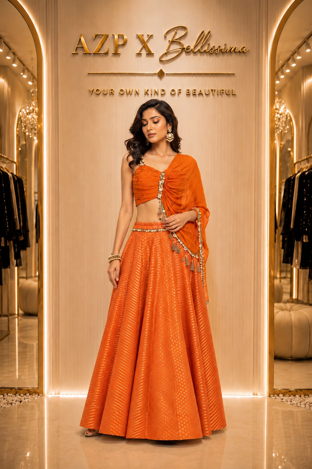 Zaina Orange Drape Sharara Set by AZP x Bellissima featuring elegant draped blouse and luxury festive occasion wear in Dubai