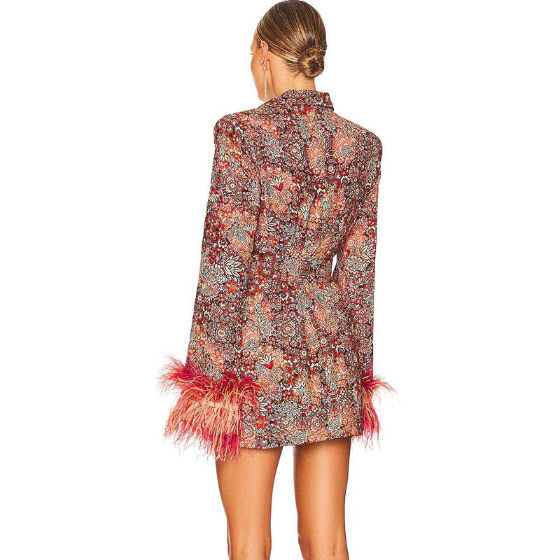 Luxury Floral Feather Cuff Blazer Mini Dress