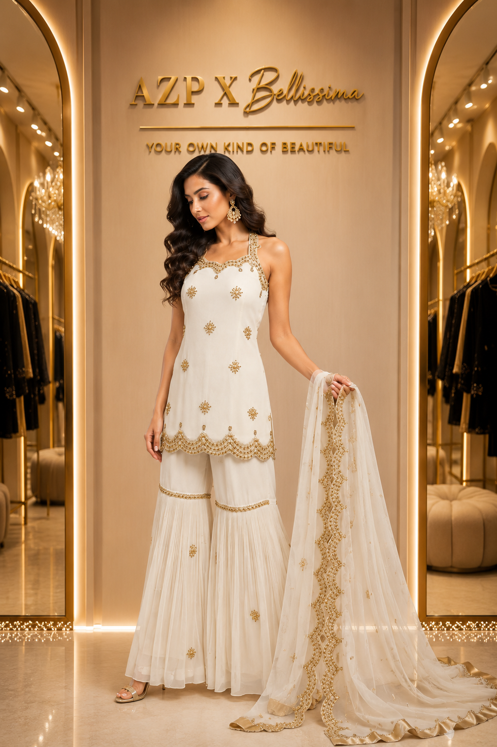 RANGREZ ivory gharara set with gold hand ari embroidery by Bellissima