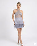 Purple Feather Trim Embellished Mini Dress