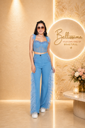 Ice Blue Denim Glam Feather Co-Ord Set front view with crystal embellishments and feather detailing