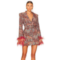 Luxury Floral Feather Cuff Blazer Mini Dress