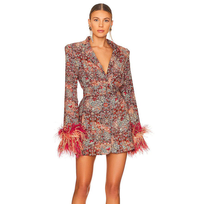 Luxury Floral Feather Cuff Blazer Mini Dress