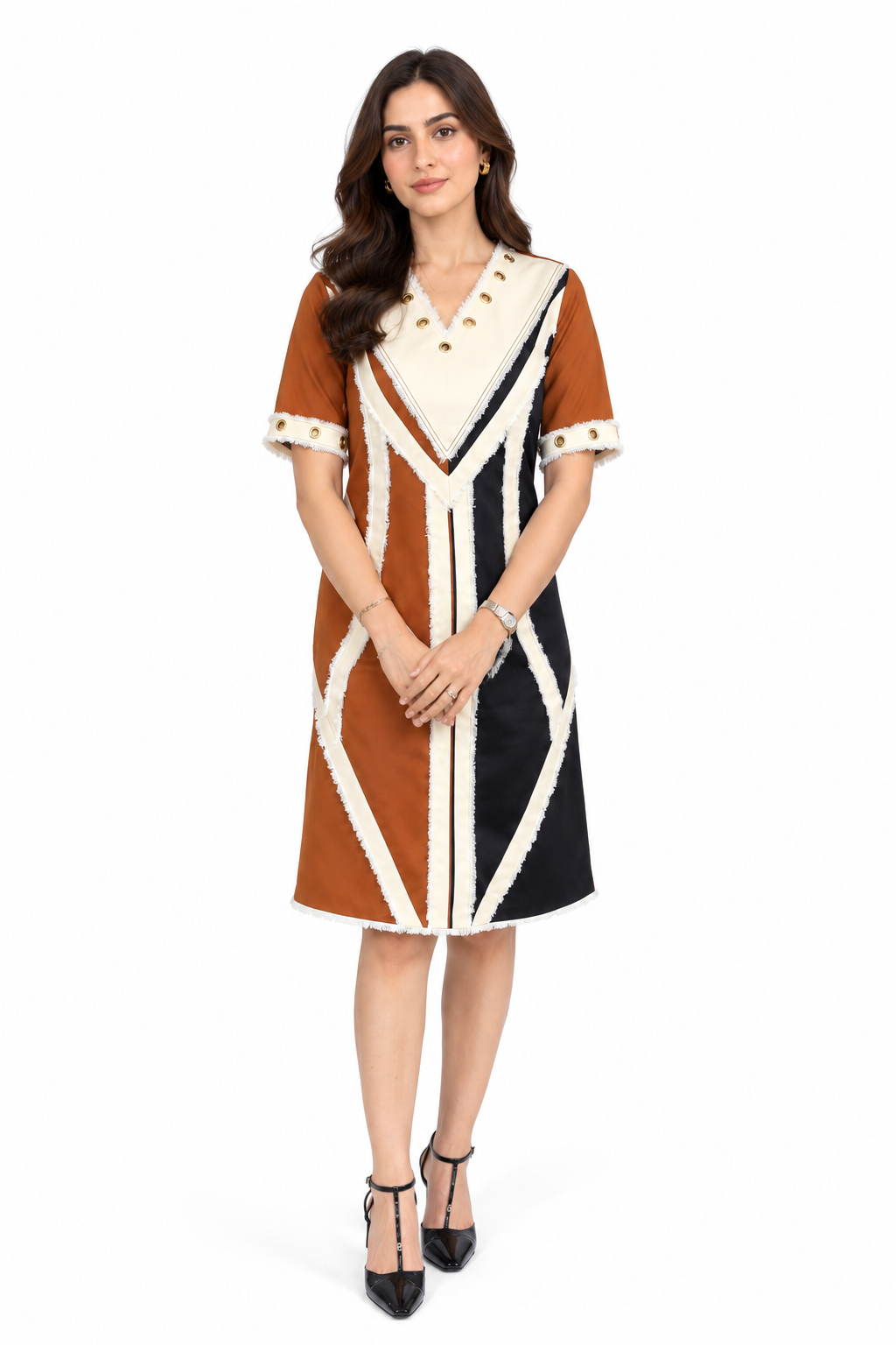 Rust & Black Geometric Contrast Shift Dress
