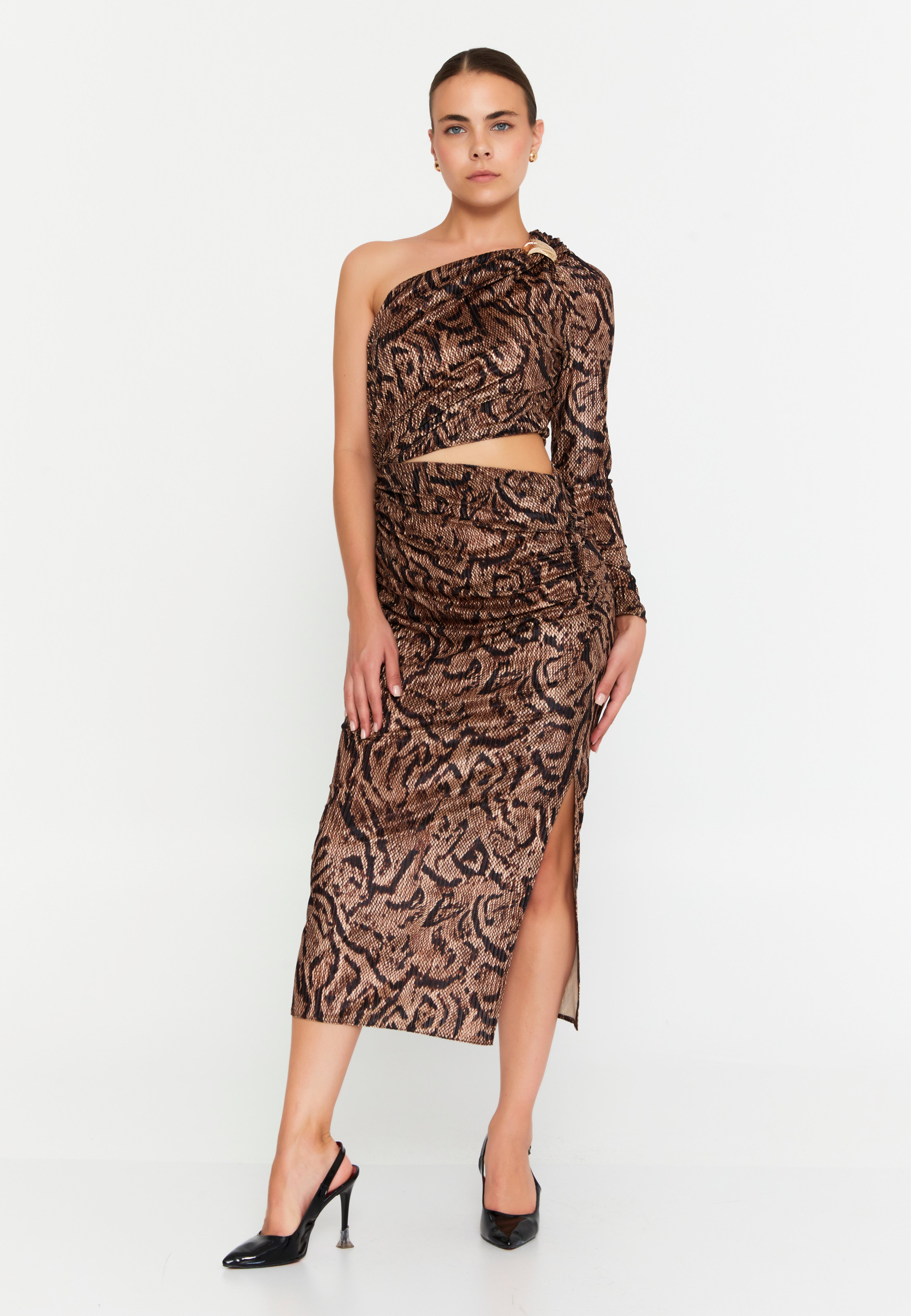 Serpent Chic Ruched Midi Dress
