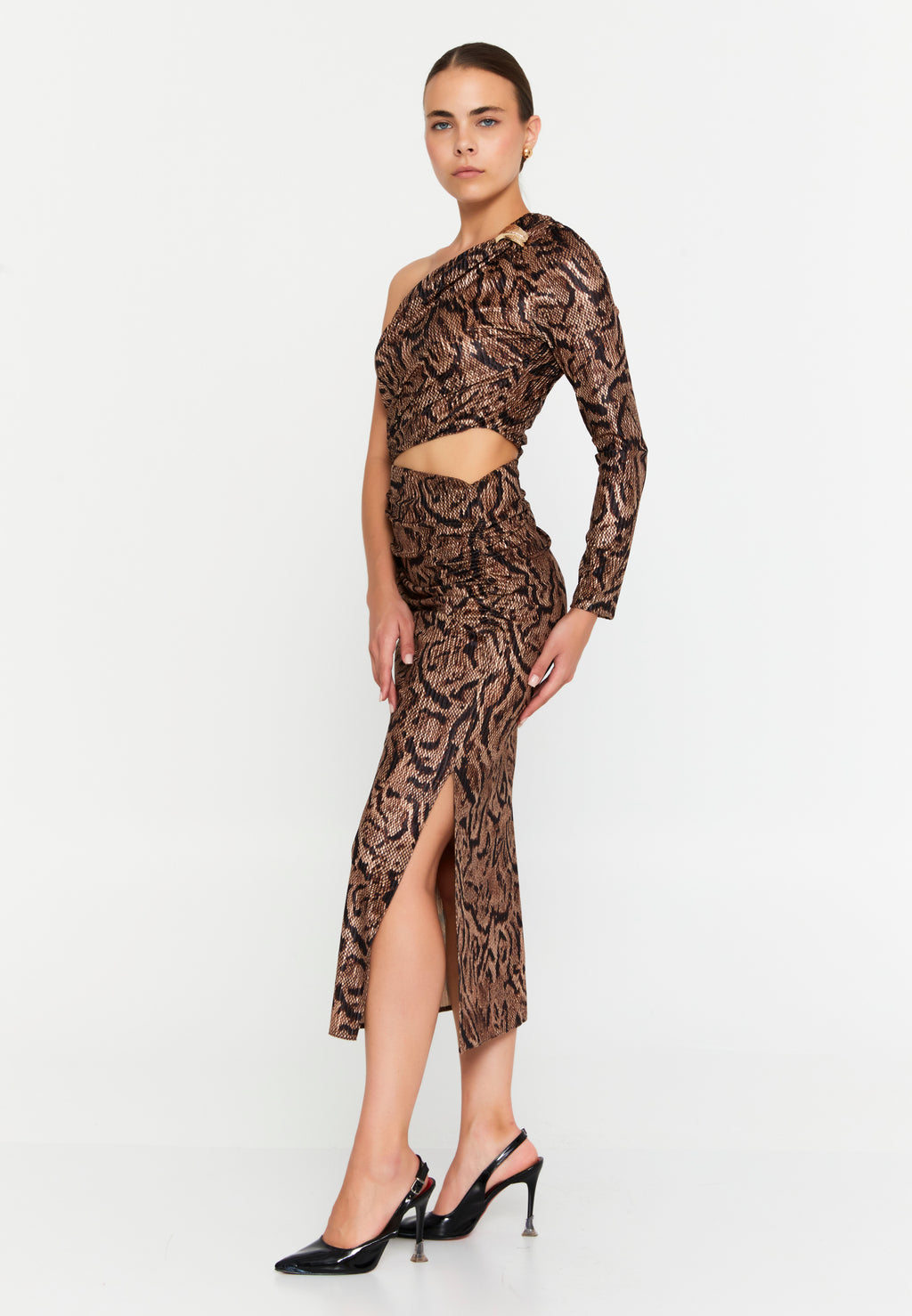 Serpent Chic Ruched Midi Dress