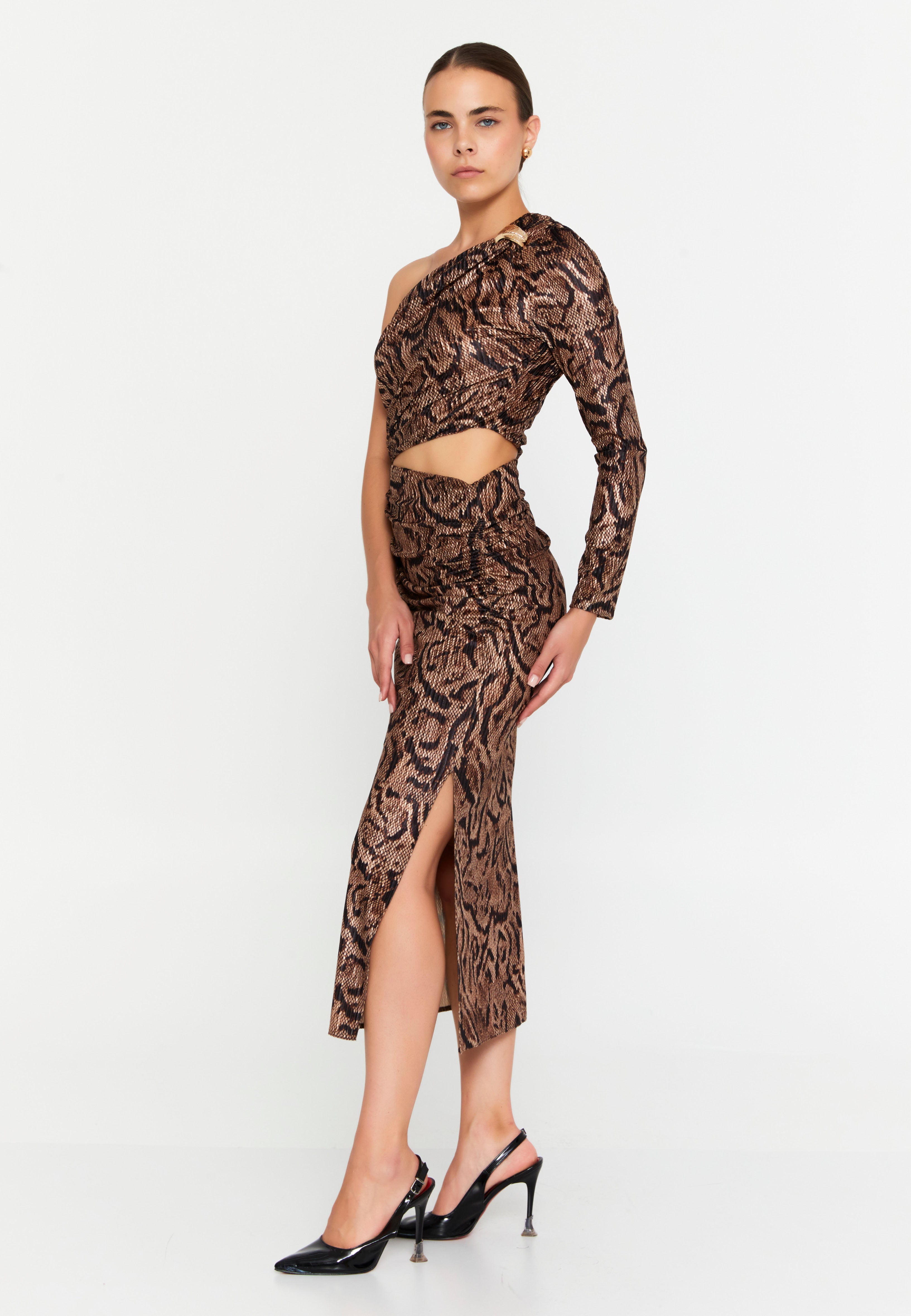 Serpent Chic Ruched Midi Dress