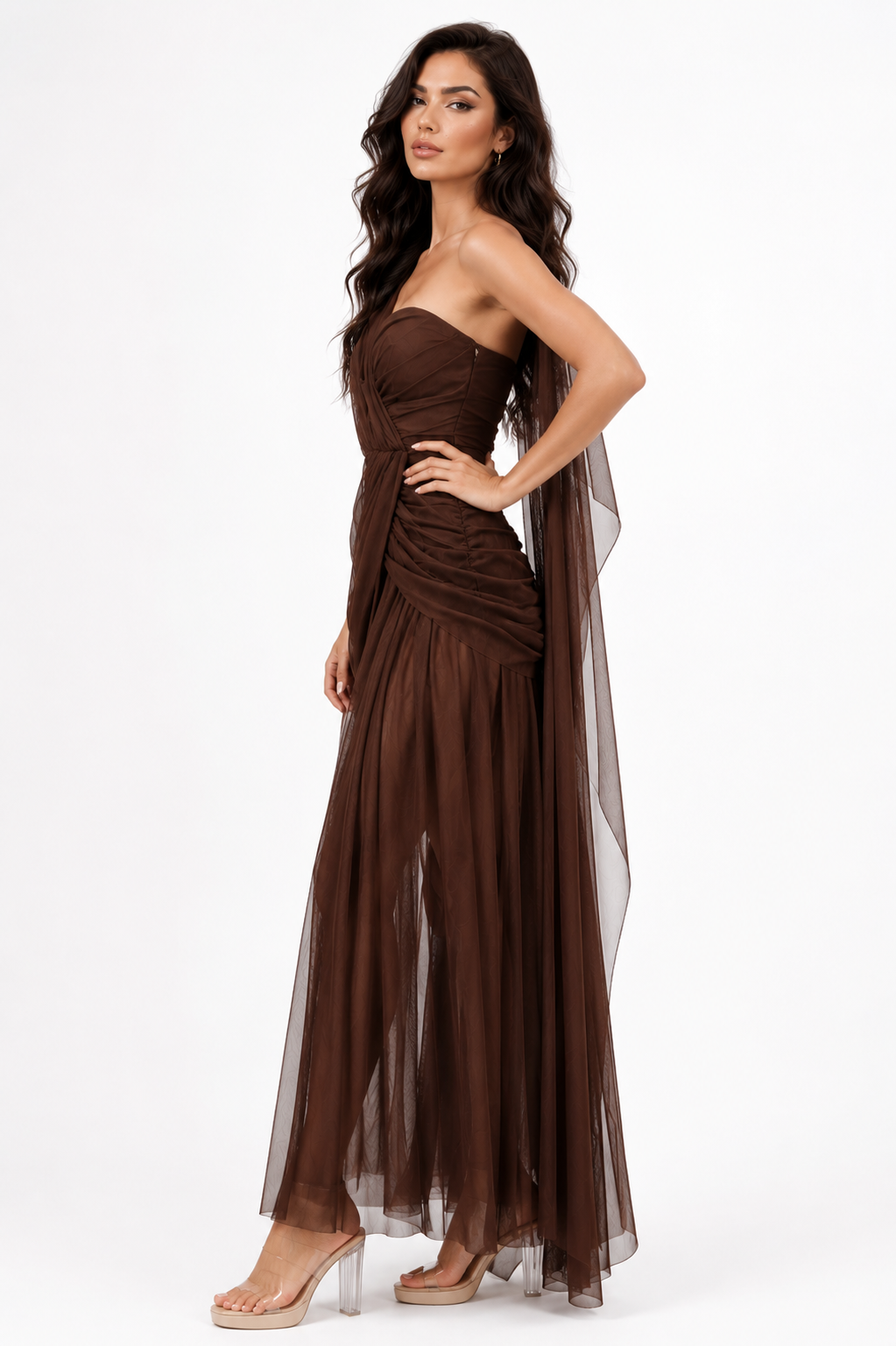 One-Shoulder Flowy Mesh Dress
