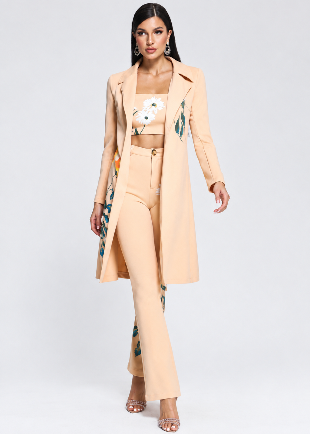 Peach Floral Print Longline Blazer Co-Ord Set