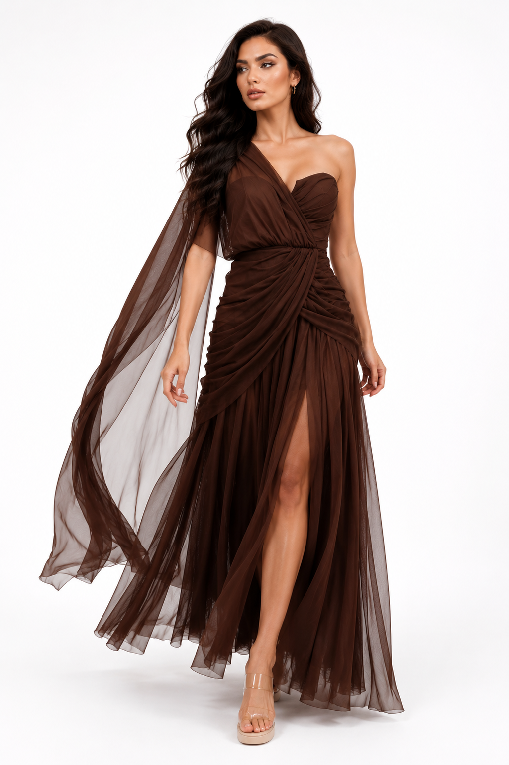 One-Shoulder Flowy Mesh Dress