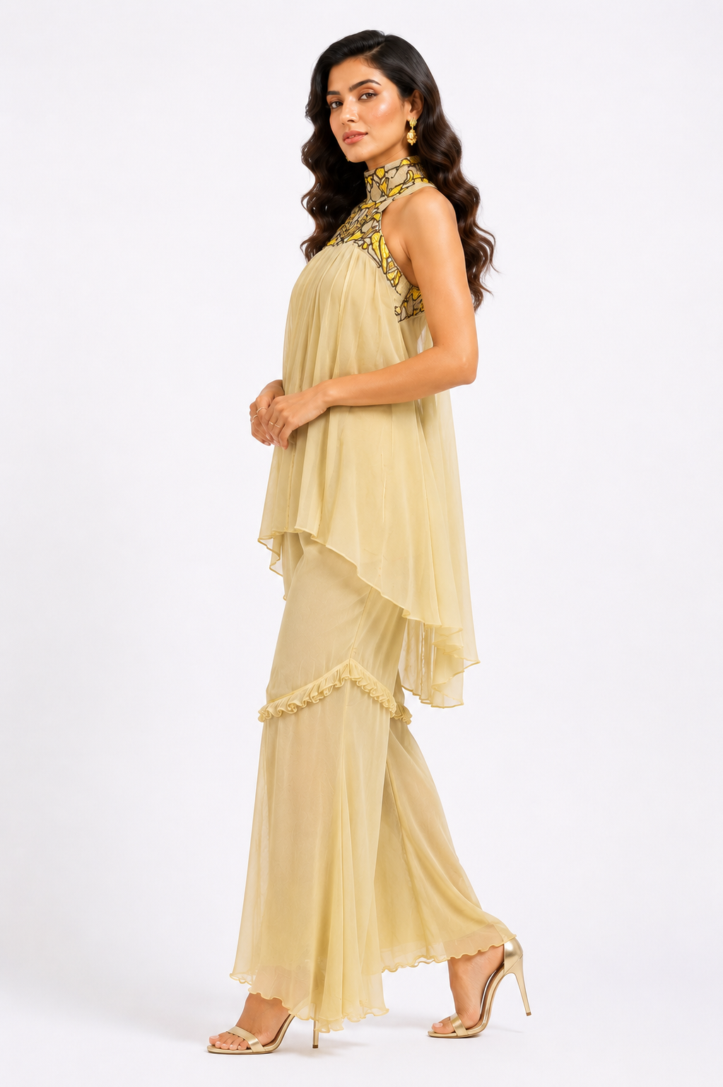     Premium designer golden coord set side pose Bellissima