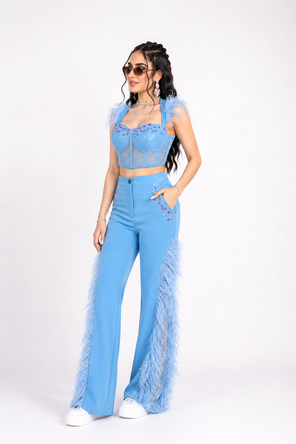 Ice Blue Denim Glam Feather Co-Ord