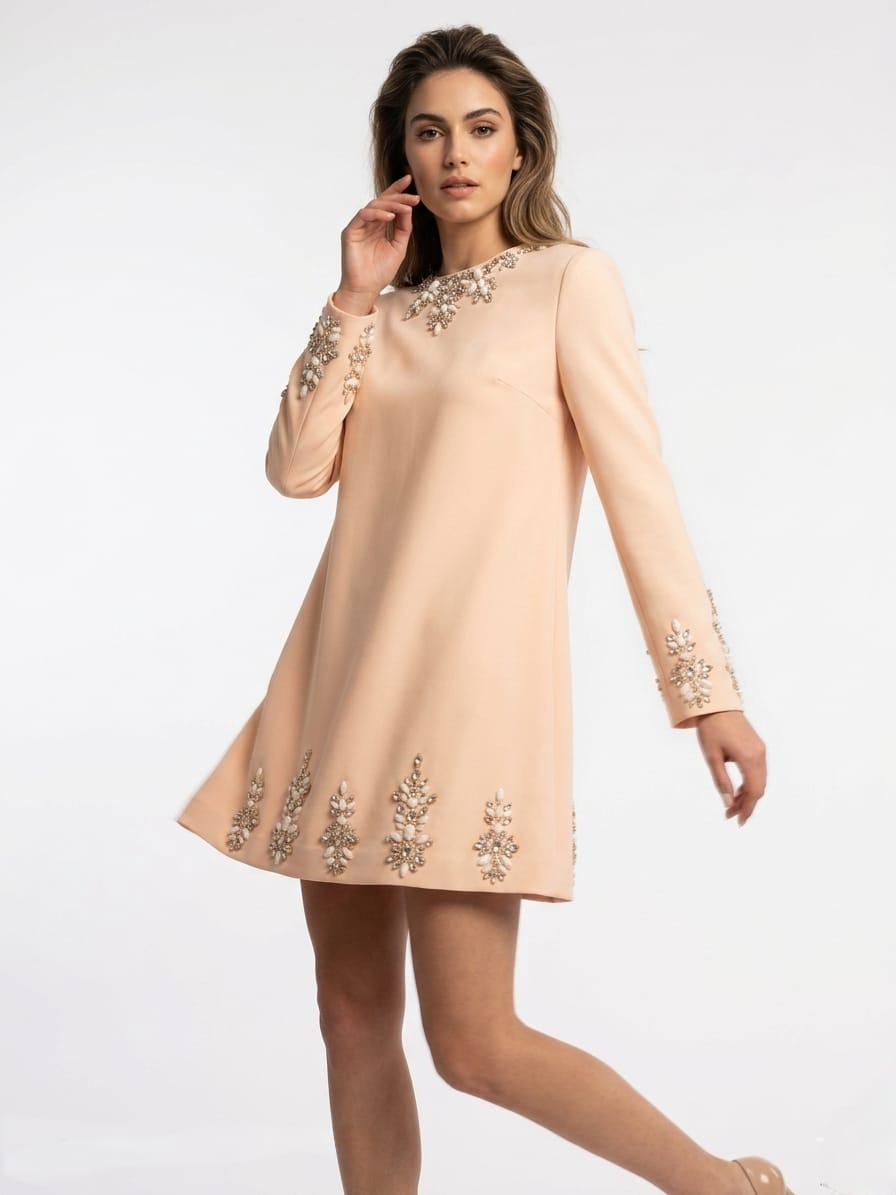 Embellished Hem & Cuff Crepe Mini Dress