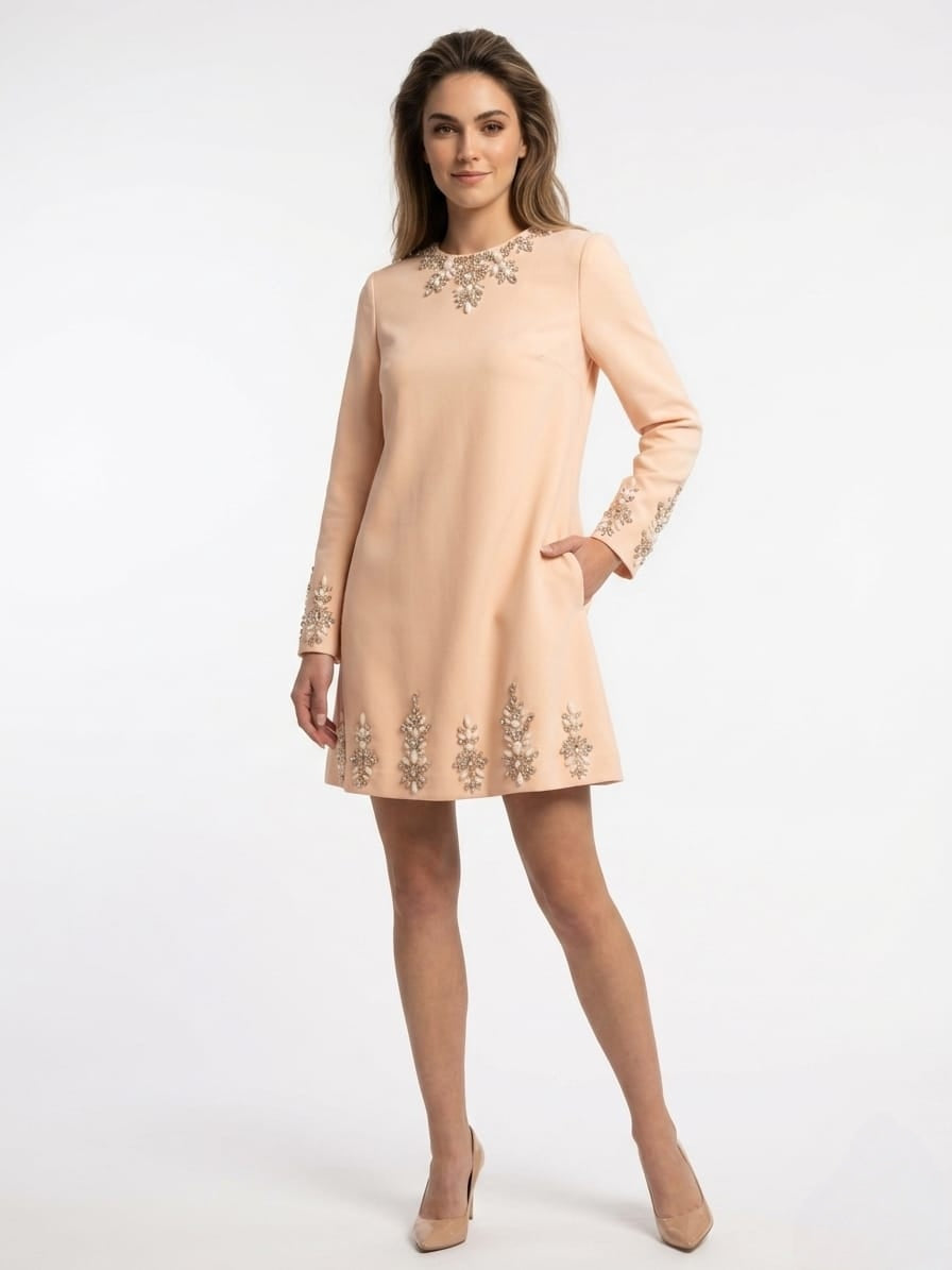 Embellished Hem & Cuff Crepe Mini Dress