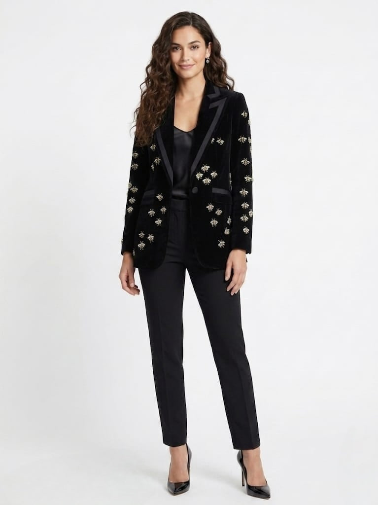 Women's Black Velvet Blazer with Gold  Embroidery