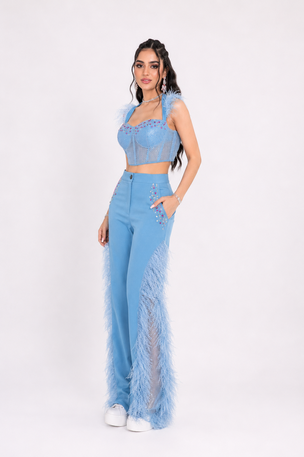 Ice Blue Denim Glam Feather Co-Ord