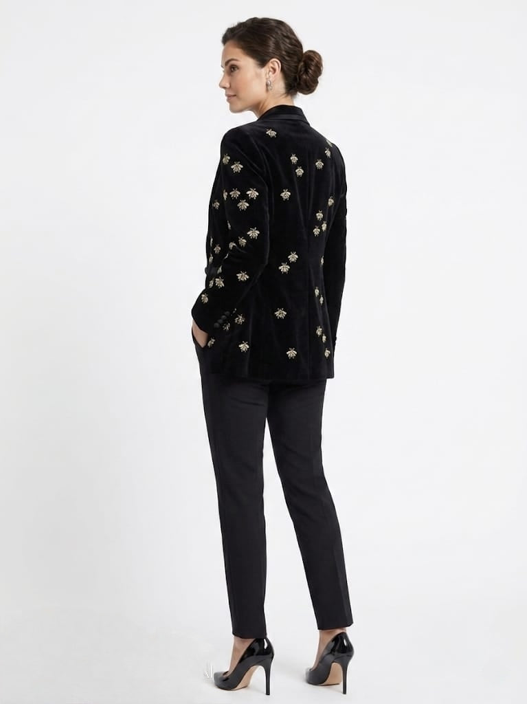 Women's Black Velvet Blazer with Gold  Embroidery
