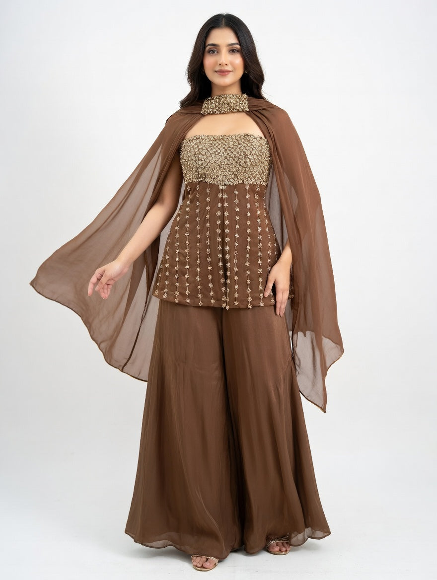 Coffee Brown Embroidered Peplum  Set