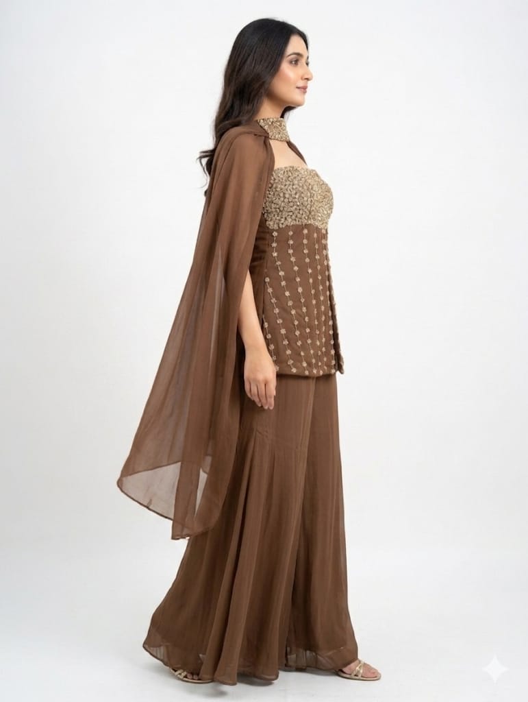Coffee Brown Embroidered Peplum  Set