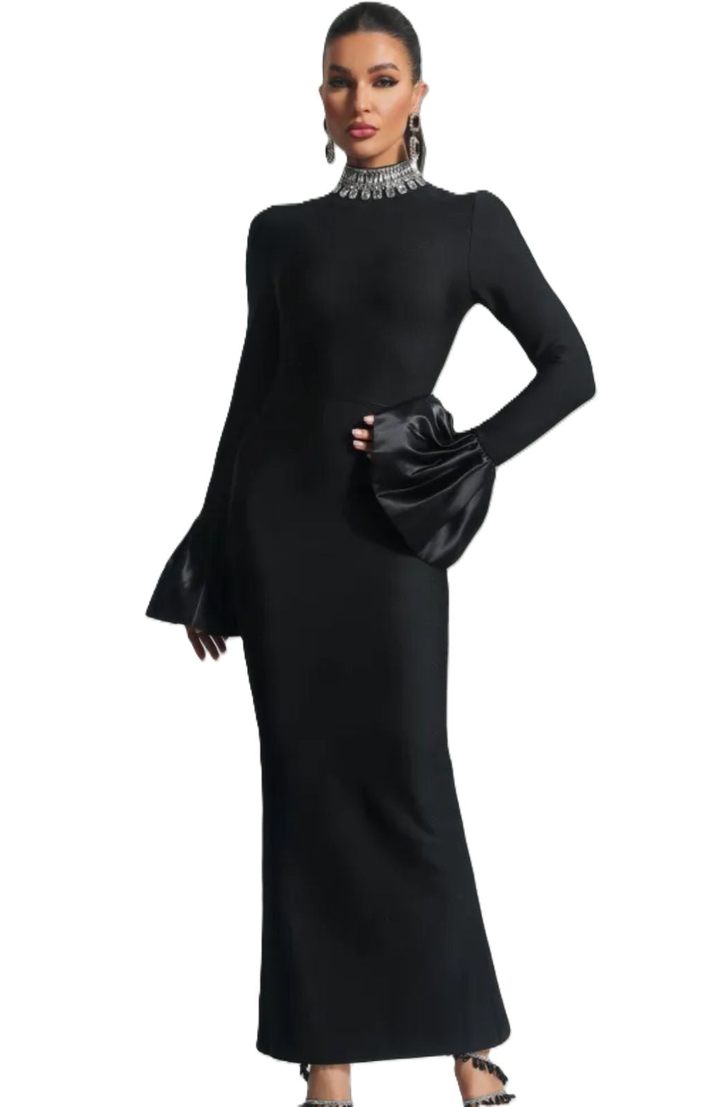 Black Opulence Flare-Sleeve Gown