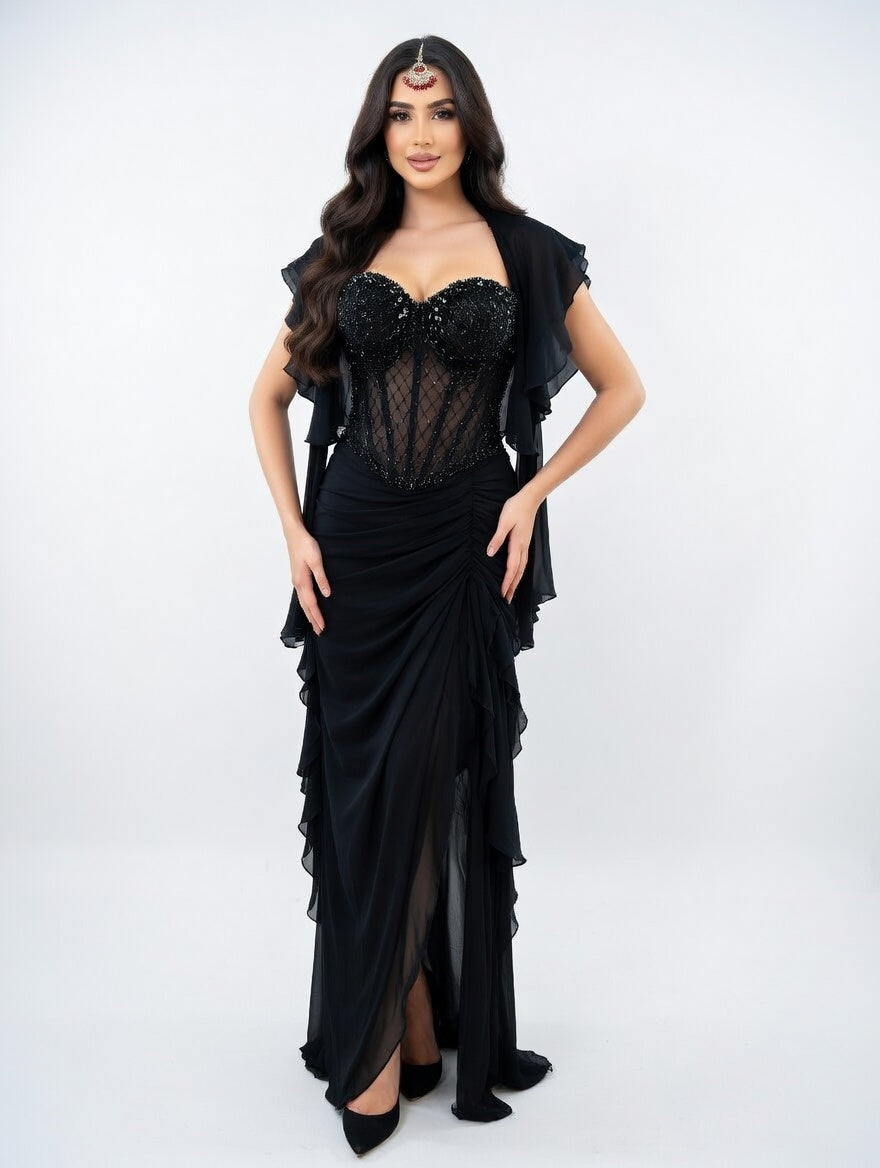 Bellissima Noir Corset Drape Saree Set