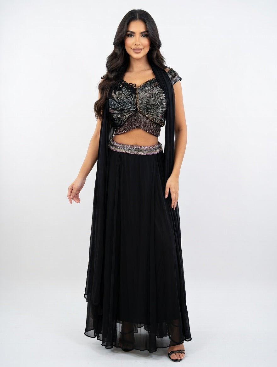 Bellissima Noir Drape Saree Set