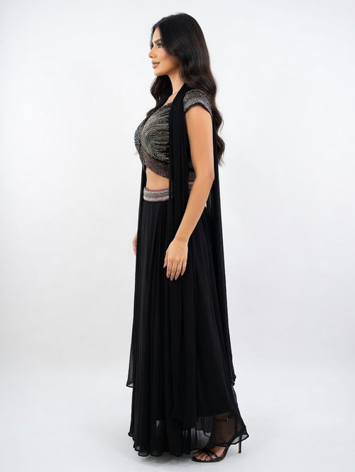 Bellissima Noir Drape Saree Set