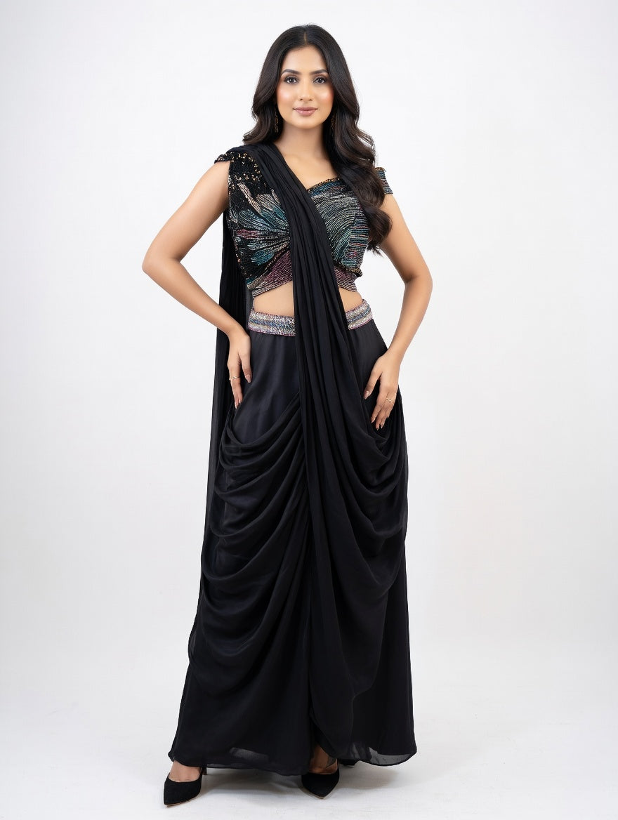 Bellissima Noir Drape Saree Set