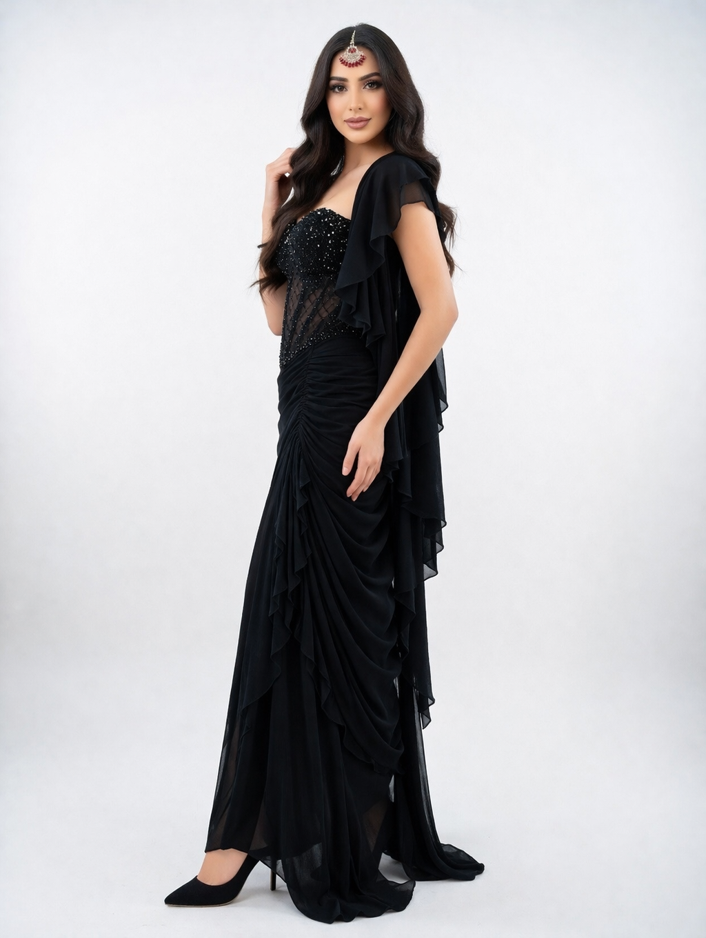 Bellissima Noir Corset Drape Saree Set