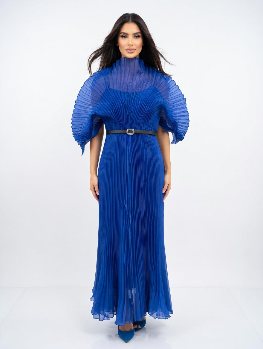 Sapphire Pleated Fan-Sleeve Gown
